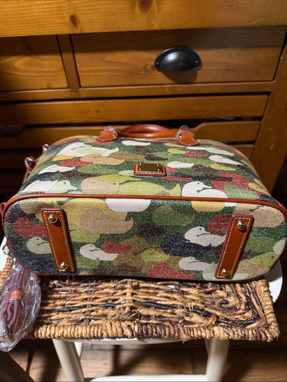 Dooney & Bourke Multicolor Camo Duck-Print Satchel with Tan Leather Trim BNWT - Picture 4 of 10